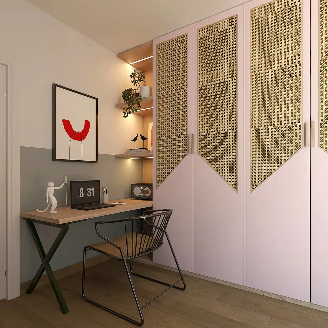 3D render modernog i funkcionalnog radnog stola sa laptopom, policama sa ambijentalnim osvetljenjem i dekorativnim figuricama